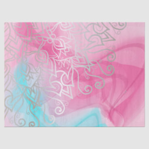 Papier Mousseline Argent Filigree Henné Ornements Sur Rose Turquoise