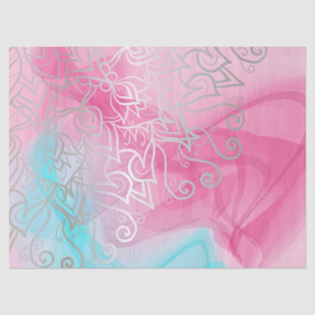Papier Mousseline Argent Filigree Henné Ornements Sur Rose Turquoise (Recto)