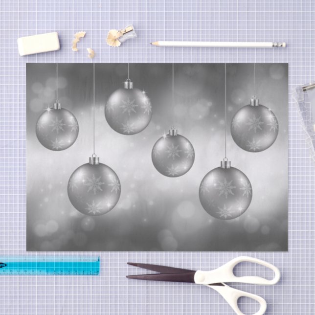 Papier Mousseline Argent Gris Baubles De Noël Sur Grey Bokeh (Artisanat)