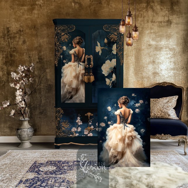 Papier Mousseline Aristocrat Lady Élégant Portrait bleu marine (Aristocrat Elegant Lady standing & bouffant dress Portrait & ethereal floral decoupage tissue paper.)