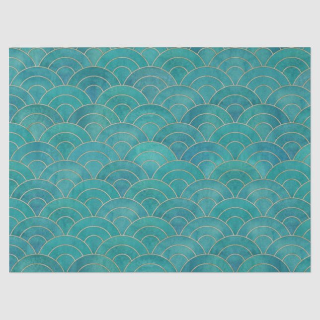 Papier Mousseline Art Déco Papier Tissu Turquoise & Découpage Gold (Recto)