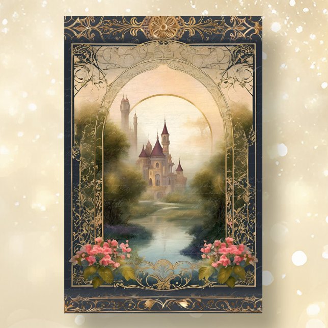 Papier Mousseline Art Nouveau Floral Castle Navy n Gold Ephemera 5B (Créateur téléchargé)