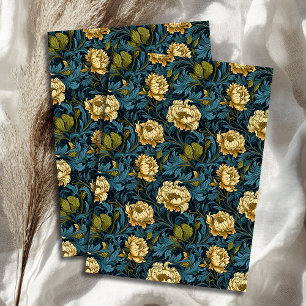 Papier Mousseline Art nouveau Morris fleurs jaunes pastel bleu sauge