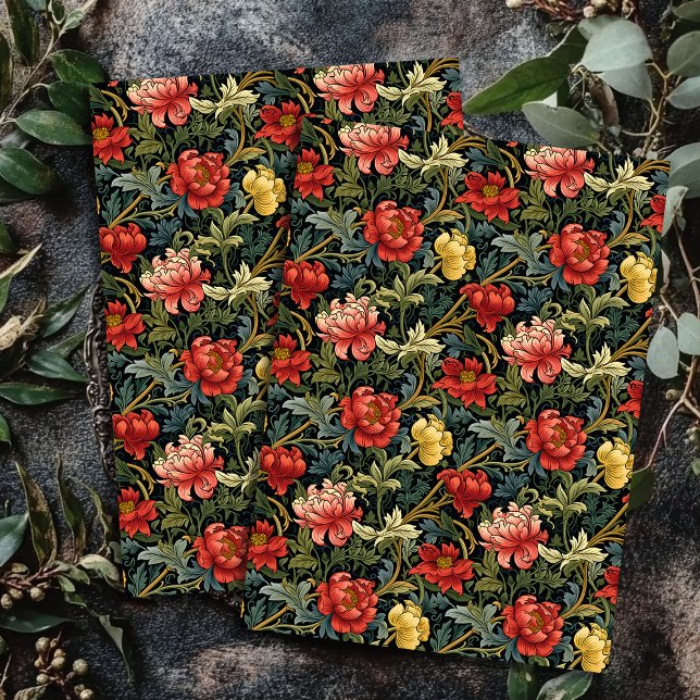 Papier Mousseline Art nouveau Morris fleurs rouges jaunes sauge bleu (Art nouveau Morris red yellow flowers sage blue Tissue Paper)