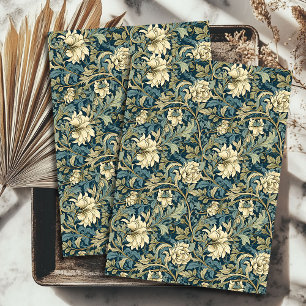 Papier Mousseline Art nouveau Morris ivoire beige fleurs sauge paste
