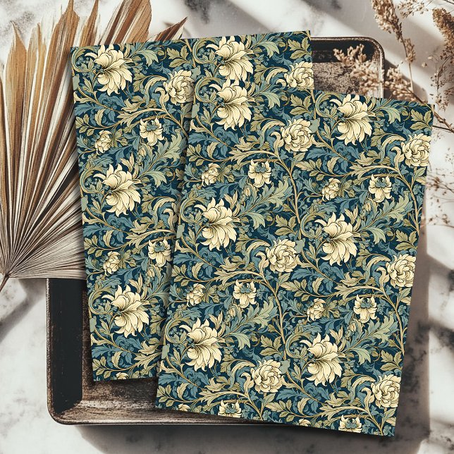 Papier Mousseline Art nouveau Morris ivoire beige fleurs sauge paste (Art nouveau Morris ivory beige flowers sage pastel Tissue Paper)