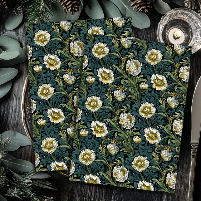 Papier Mousseline Art nouveau Morris jaune fleurs blanches pastel bl (Art nouveau Morris yellow white flowers pastel blu Tissue Paper)