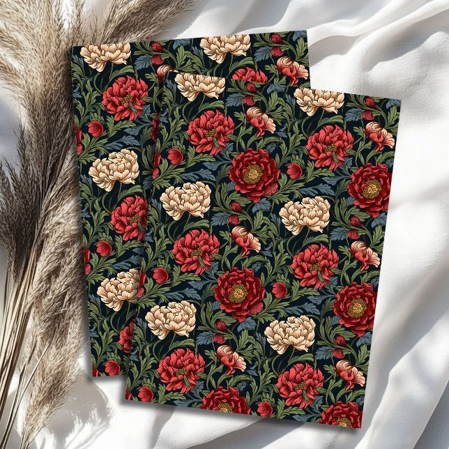 Papier Mousseline Art nouveau Morris rouge bleu pastel bleu (Art nouveau Morris red blush flowers pastel blue Tissue Paper)