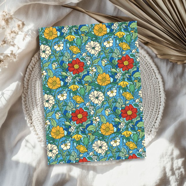 Papier Mousseline Art nouveau Morris rouge jaune fleurs bleues (Art nouveau Morris red yellow white flowers blue Tissue Paper)