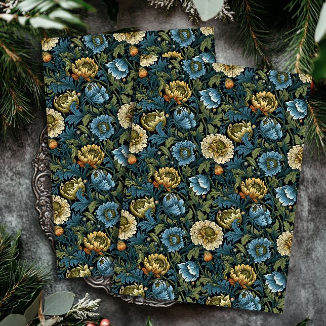 Papier Mousseline Art nouveau Morris velours bleu ivoire sauge (Art nouveau Morris dusty blue ivory flowers sage Tissue Paper)