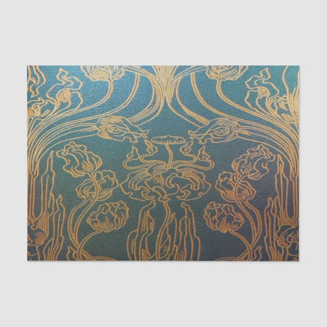 Papier Mousseline Art Nouveau, sarcelle d'hiver et or, sarcelle (Recto)