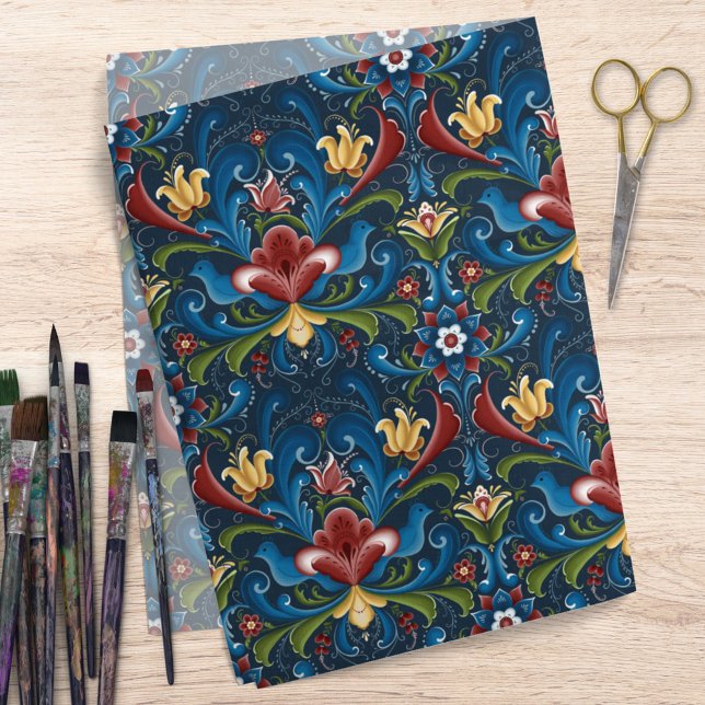 Papier Mousseline Art populaire scandinave Bleu Rouge Motif floral (Créateur téléchargé)