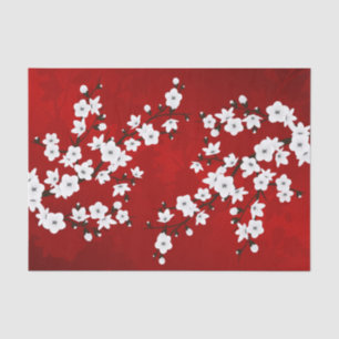 Papier Mousseline Asie Floral blanc cerisier rouge