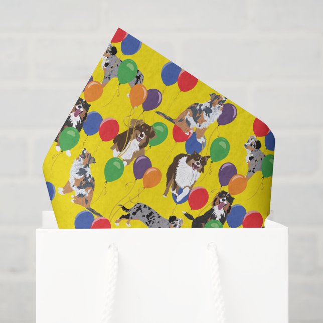 Papier Mousseline Aussies Australian Shelpherds et Balloons du Parti (Sac cadeau)