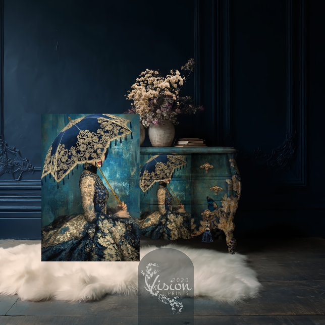 Papier Mousseline Azure Allure French Portrait & Parasol Royal Blue (Azure Allure, French Lady, Romantic Rococo Portrait Parasol Moody Blue Decoupage Tissue Paper)