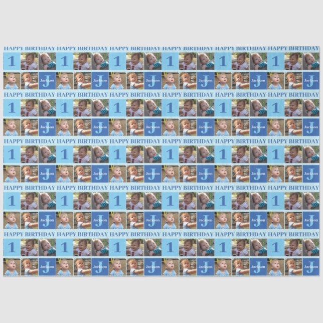 Papier Mousseline Baby Boy First Birthday Cute Blue Photo Collage (Recto)