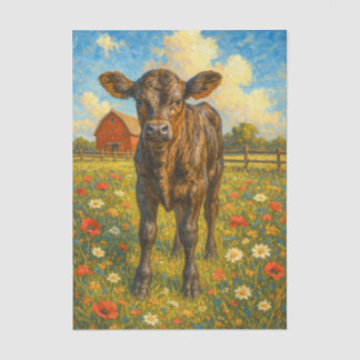 Papier Mousseline Baby Cow in Pasture Farmhouse Decoupage Paper 