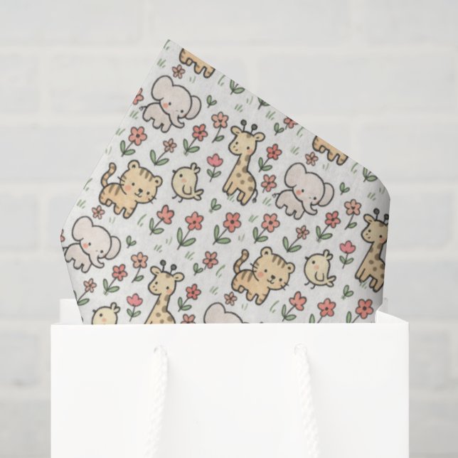 Papier Mousseline Baby Safari Faune Avec Fleurs De Doodle (Sac cadeau)