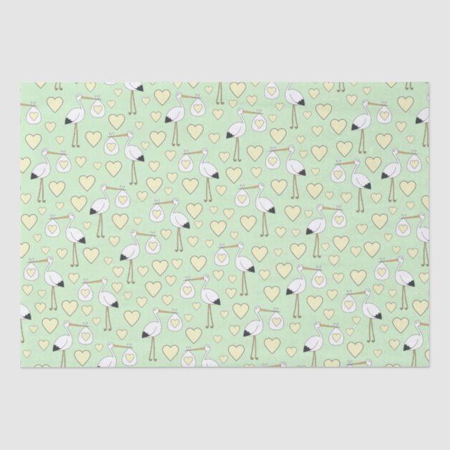 Papier Mousseline Baby shower de cigogne vert genre neutre (Recto)
