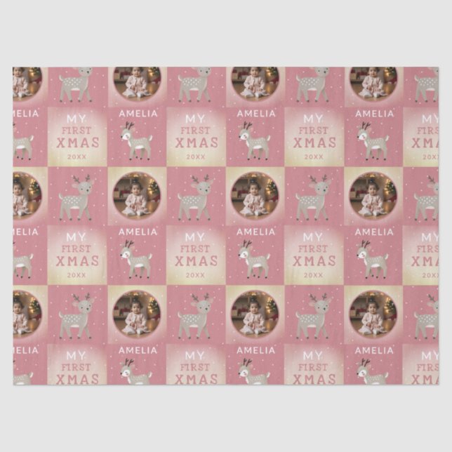 Papier Mousseline Baby's First Christmas Pink Deer Photo (Recto)