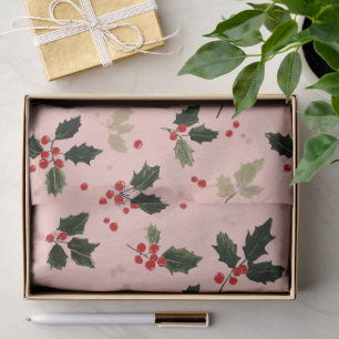 Papier Mousseline Baies rouges et houx sur fond rose