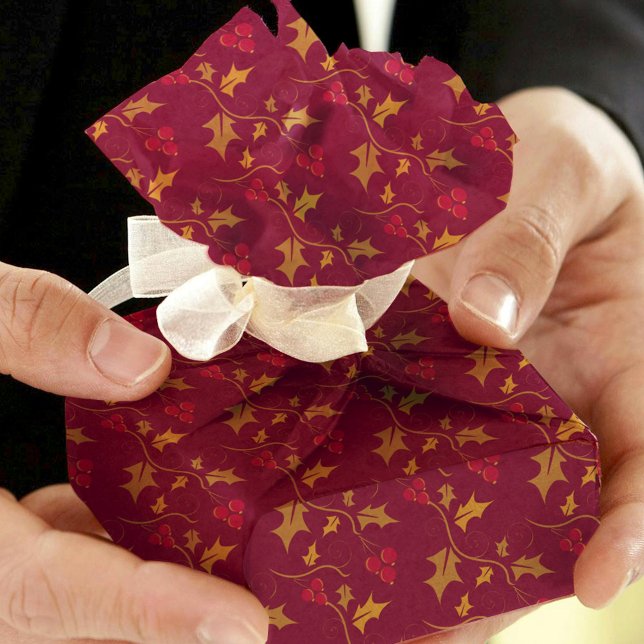 Papier Mousseline Baies rouges et saintes de Noël sur rouge profond (Créateur téléchargé)