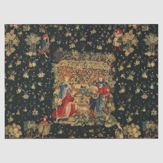 Papier Mousseline BAIN FALCONS BAIN Bleu Rouge Tapisserie médiévale  (Recto)