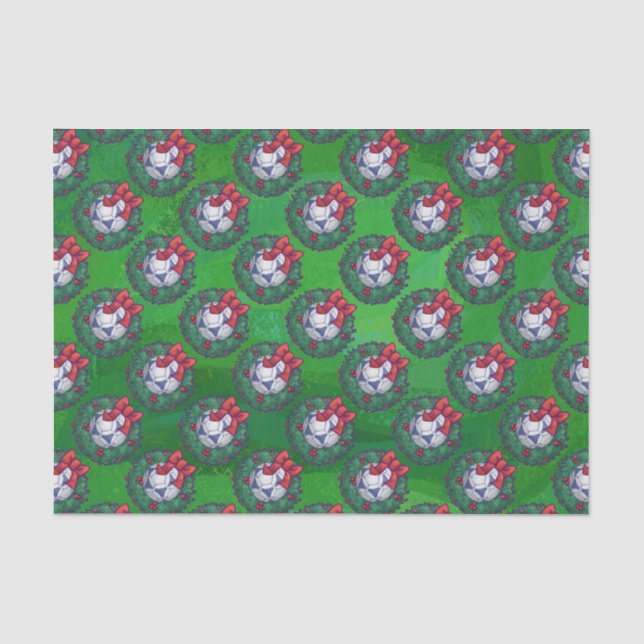 Papier Mousseline Bal de soccer blanc et bleu sur vert (Recto)