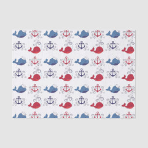Papier Mousseline Baleines rouges et bleues et Ancres