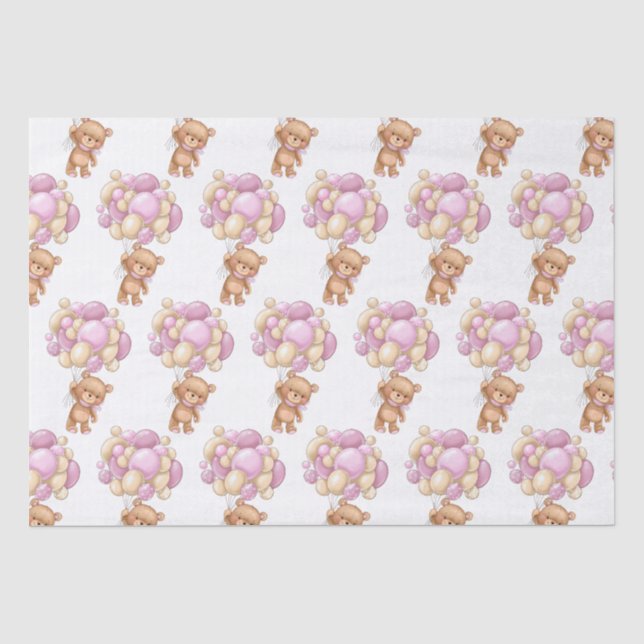 Papier Mousseline Ballons rose ours Baby shower papier de tissus (Recto)