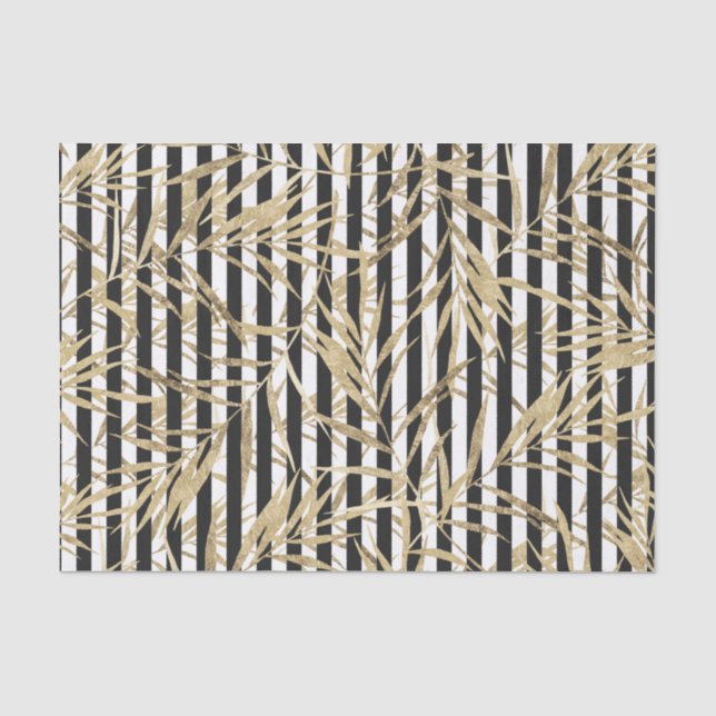 Papier Mousseline Bande blanche noire faux or feuilles tropicaux (Recto)