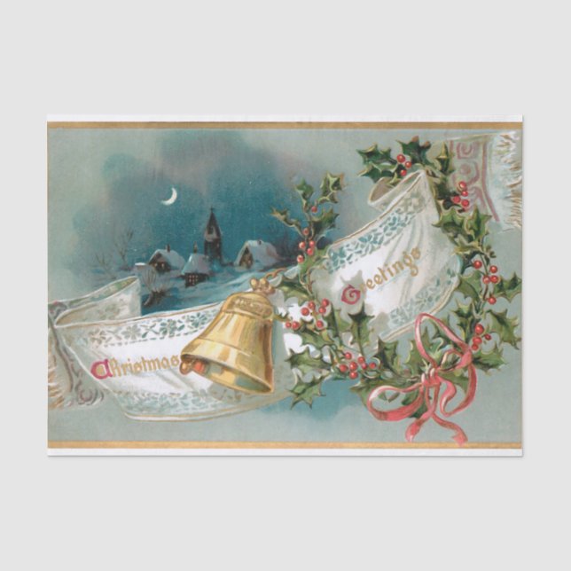 Papier Mousseline Bannière de Noël rustique avec Bell, Ruban & Holly (Recto)