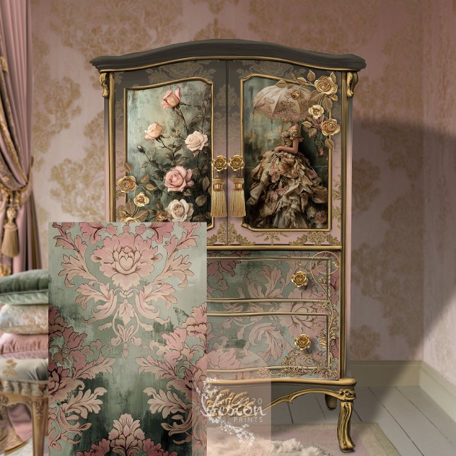 Papier Mousseline Baroque Damask Dusty rose et carrelage vert (Weathered Floral Damask Patterned Tile, Dusty Pink and green decoupage tissue paper.)