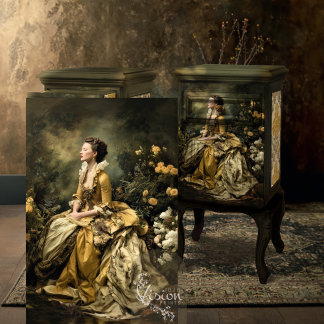 Papier Mousseline Baroque Lady Gold Ballgown Moody Floral Portrait