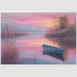 Papier Mousseline bateau bleu rustique ciel rose réflexion
