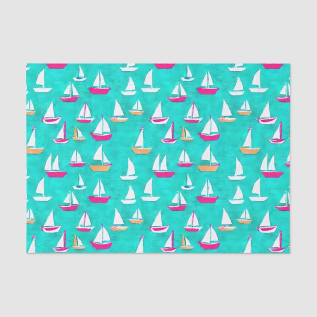 Papier Mousseline Bateaux à voile Motif Rose & Aqua (Recto)