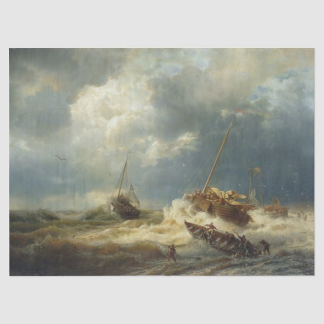 Papier Mousseline Bateaux dans une tempête sur la côte néerlandaise (Recto)