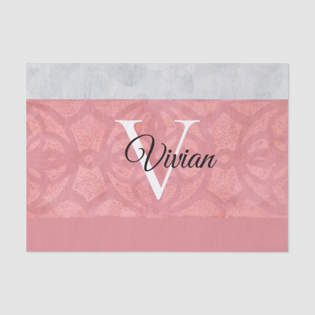 Papier Mousseline Batik Rose Ruddy Et Aquarelle Gris Monogramme (Recto)