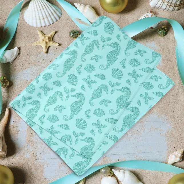 Papier Mousseline Beach Christmas Seahorse Motif Aqua Parties scinti (Créateur téléchargé)