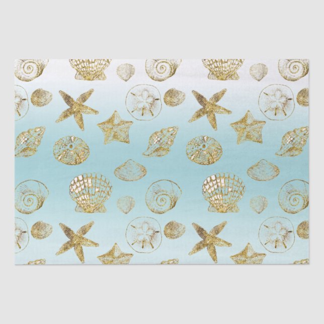 Papier Mousseline Beach Gold Sea Shells Aqua Blue Ombre (Recto)