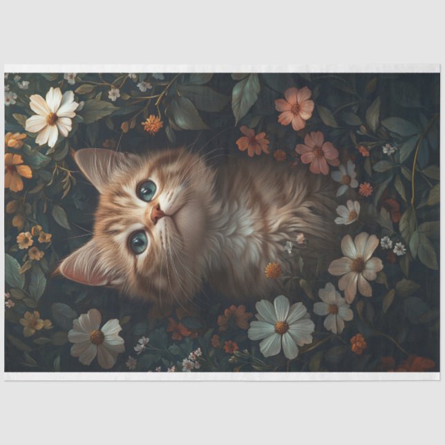 Papier Mousseline Beau chaton orange avec Découpage Fleur sauvage (Recto)