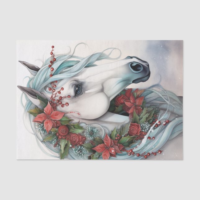 Papier Mousseline Beau Cheval Blanc avec Fleurs Rouges Noël (Recto)