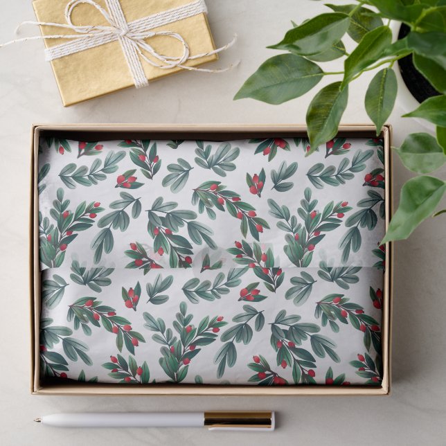 Papier Mousseline Beau Rouge Berry verdure Motif de Noël (Cadeau)