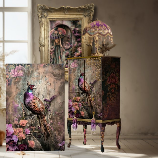 Papier Mousseline Beauté du faisan, Branche d'oiseaux, Florales Mood (A pheasant Bird sitting on a branch and moody rustic floral scene, furniture decoupage tissue paper)