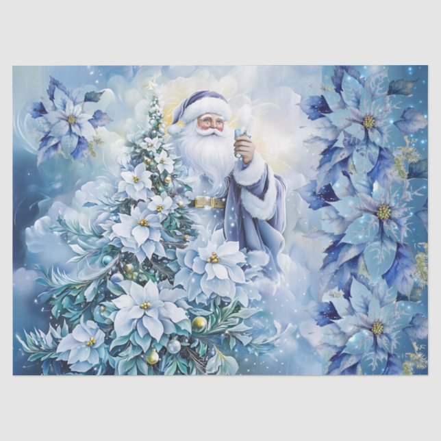 Papier Mousseline Beautiful Blue Santa & Poinsettias Decoupage (Recto)