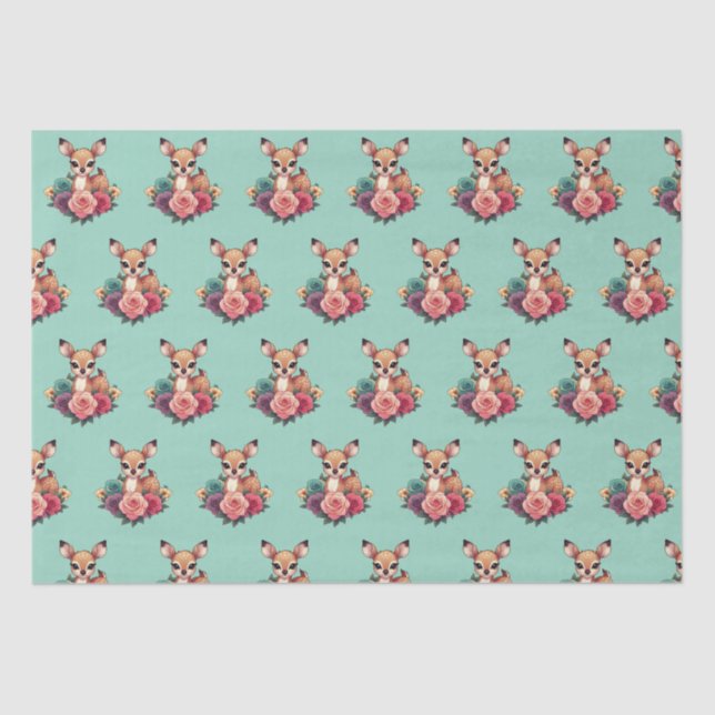 Papier Mousseline Bébé cerf avec Roses et feuillage vert (Recto)
