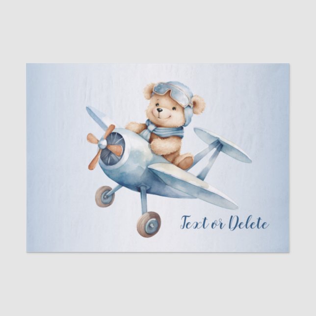 Papier Mousseline Bébé mignon Ours Pilote Avion Bleu Beau (Recto)