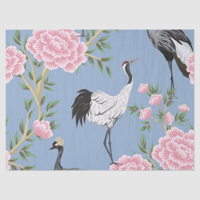 Papier Mousseline Belle chinoiserie exotique fleurie et oiseau (Recto)