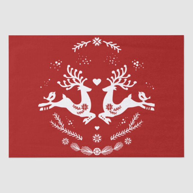 Papier Mousseline Belle Fête Scandi Rouge Blanc Noël Cerf (Recto)
