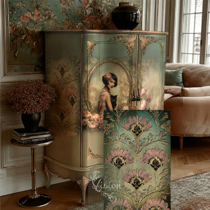 Papier Mousseline Belle Noir Rose Sarcelle Art Déco Damassé Floral